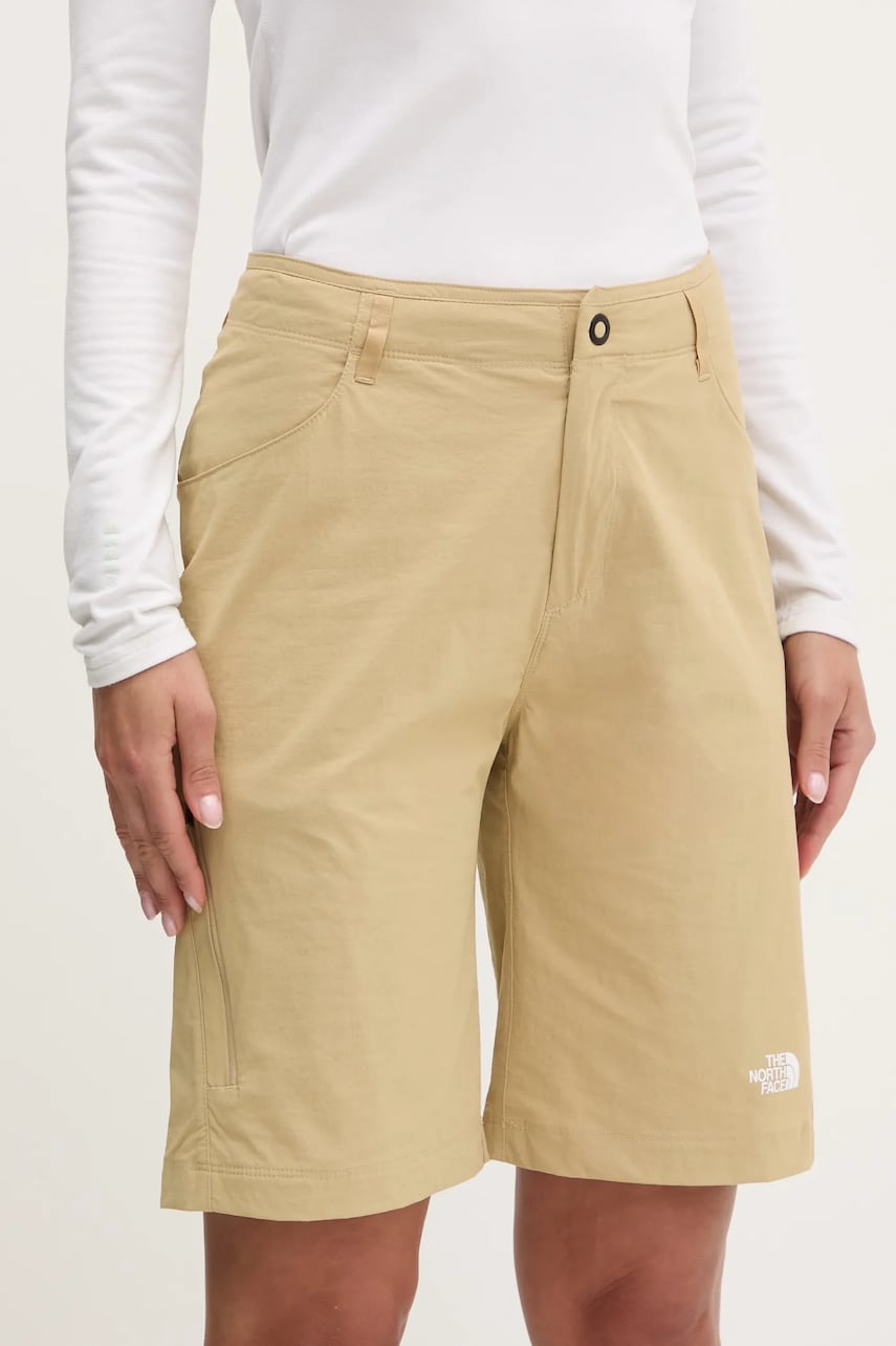 The North Face pantaloni scurți outdoor Exploration culoarea verde, neted, high waist, NF0A8BS3LK51 The North Face pantaloni scurți outdoor Exploration culoarea verde, neted, high waist, NF0A8BS3LK51