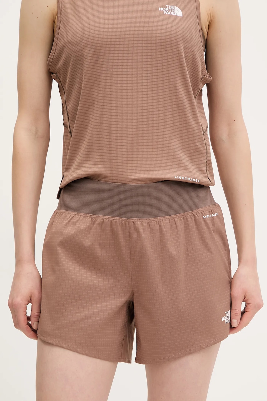 The North Face pantaloni scurți sport Sunriser femei, culoarea maro, cu imprimeu, high waist, NF0A8BC15K21 The North Face pantaloni scurți sport Sunriser femei, culoarea maro, cu imprimeu, high waist, NF0A8BC15K21