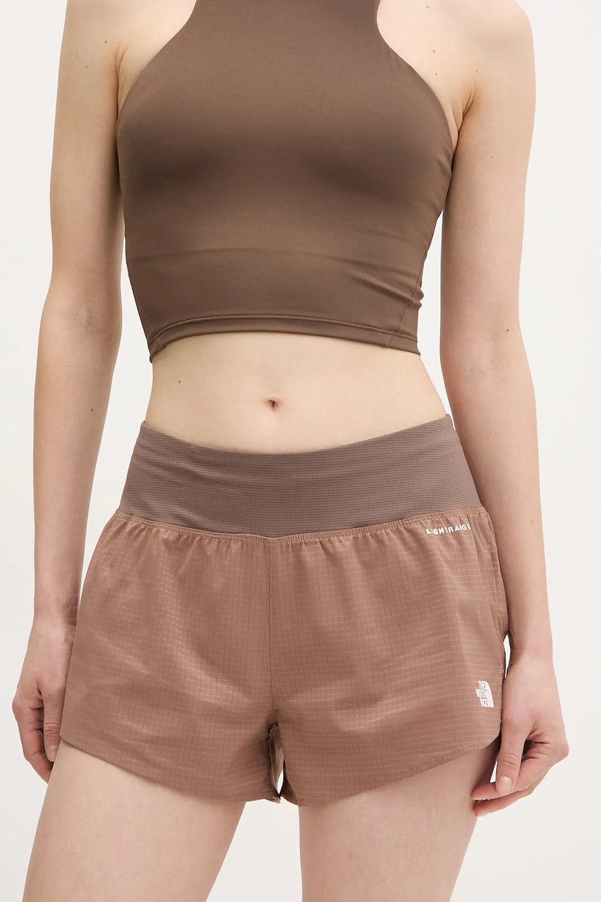 The North Face pantaloni scurți sport Sunriser femei, culoarea maro, cu imprimeu, high waist, NF0A8BC05K21 The North Face pantaloni scurți sport Sunriser femei, culoarea maro, cu imprimeu, high waist, NF0A8BC05K21
