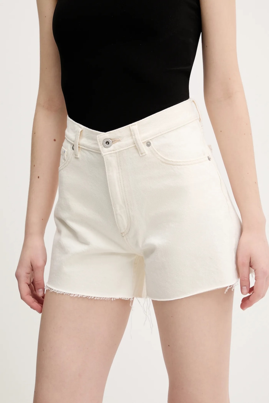 Hugo Blue pantaloni scurți jeans femei, culoarea bej, uni, high waist, 50540160