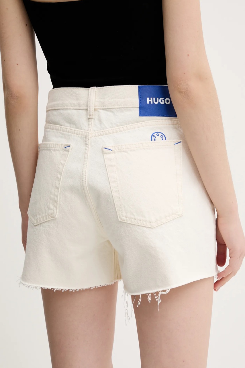 Hugo Blue farmer rövidnadrág női, bézs, sima, magas derekú, 50540160 termék 2. képe