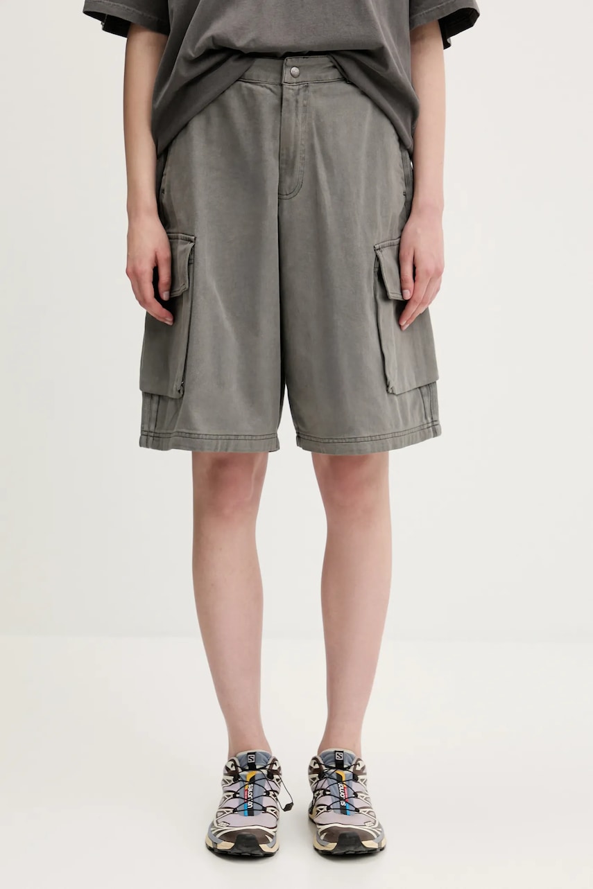 adidas Originals pantaloni scurți jeans Cargo Jorts culoarea gri, uni, high waist, JD0139