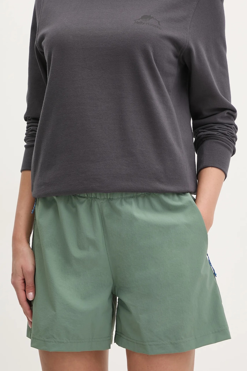 Fjallraven pantaloni scurți outdoor High Coast culoarea verde, neted, high waist, F87034 Fjallraven pantaloni scurți outdoor High Coast culoarea verde, neted, high waist, F87034