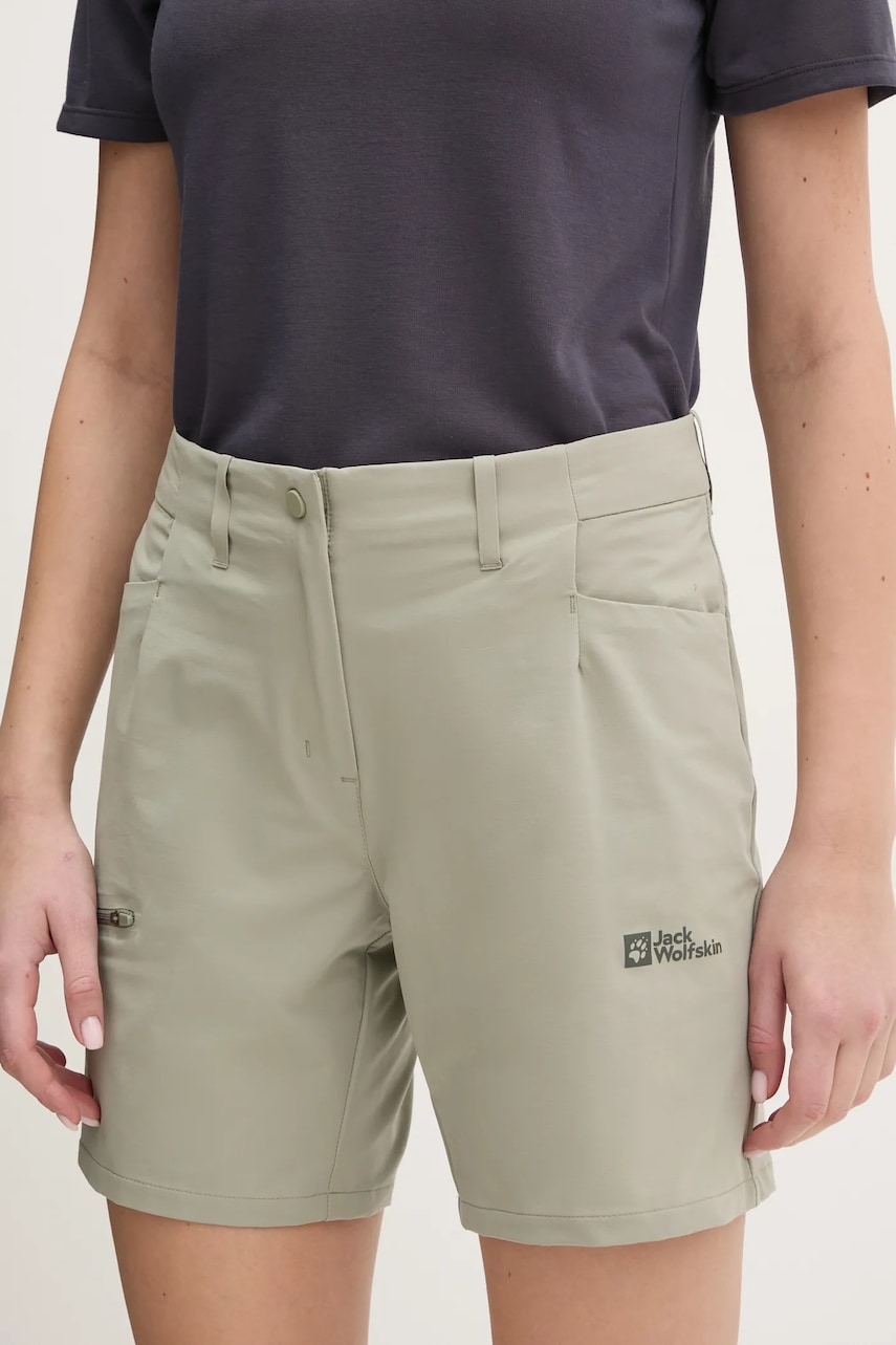 Jack Wolfskin pantaloni scurți outdoor Prelight Stride culoarea verde, neted, high waist, A63785
