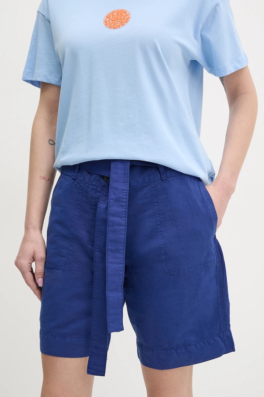Napapijri pantaloni scurți din in N-Nice femei, culoarea bleumarin, uni, high waist, NP0A4IEXB2U1 Napapijri pantaloni scurți din in N-Nice femei, culoarea bleumarin, uni, high waist, NP0A4IEXB2U1