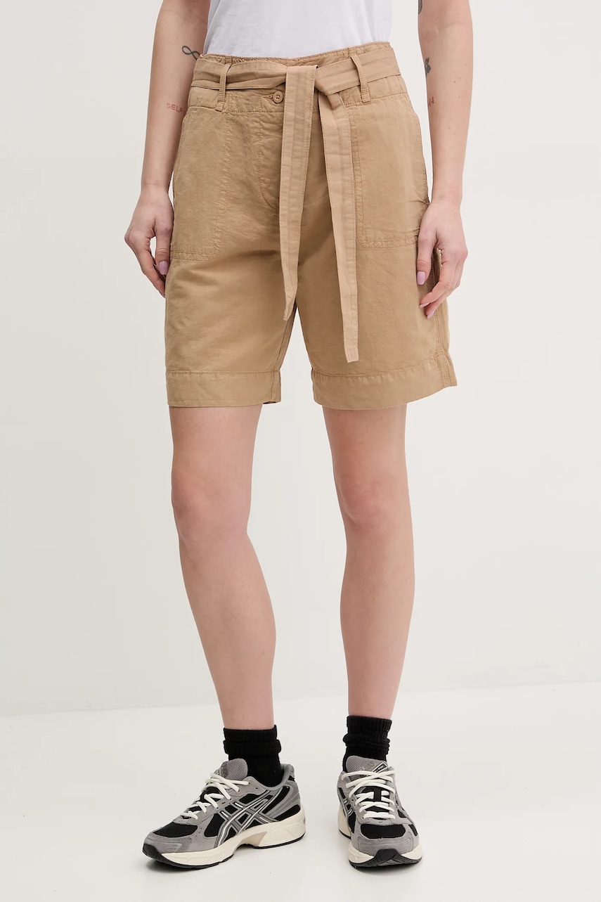 Napapijri pantaloni scurți din in N-Nice femei, culoarea bej, uni, high waist, NP0A4IEXN1Q1 Napapijri pantaloni scurți din in N-Nice femei, culoarea bej, uni, high waist, NP0A4IEXN1Q1