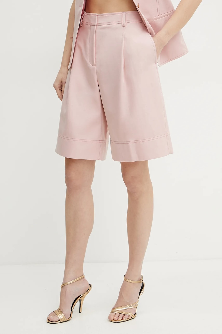 BOSS Orange pantaloni scurți din amestec de in femei, culoarea roz, neted, high waist, 50546217 BOSS Orange pantaloni scurți din amestec de in femei, culoarea roz, neted, high waist, 50546217