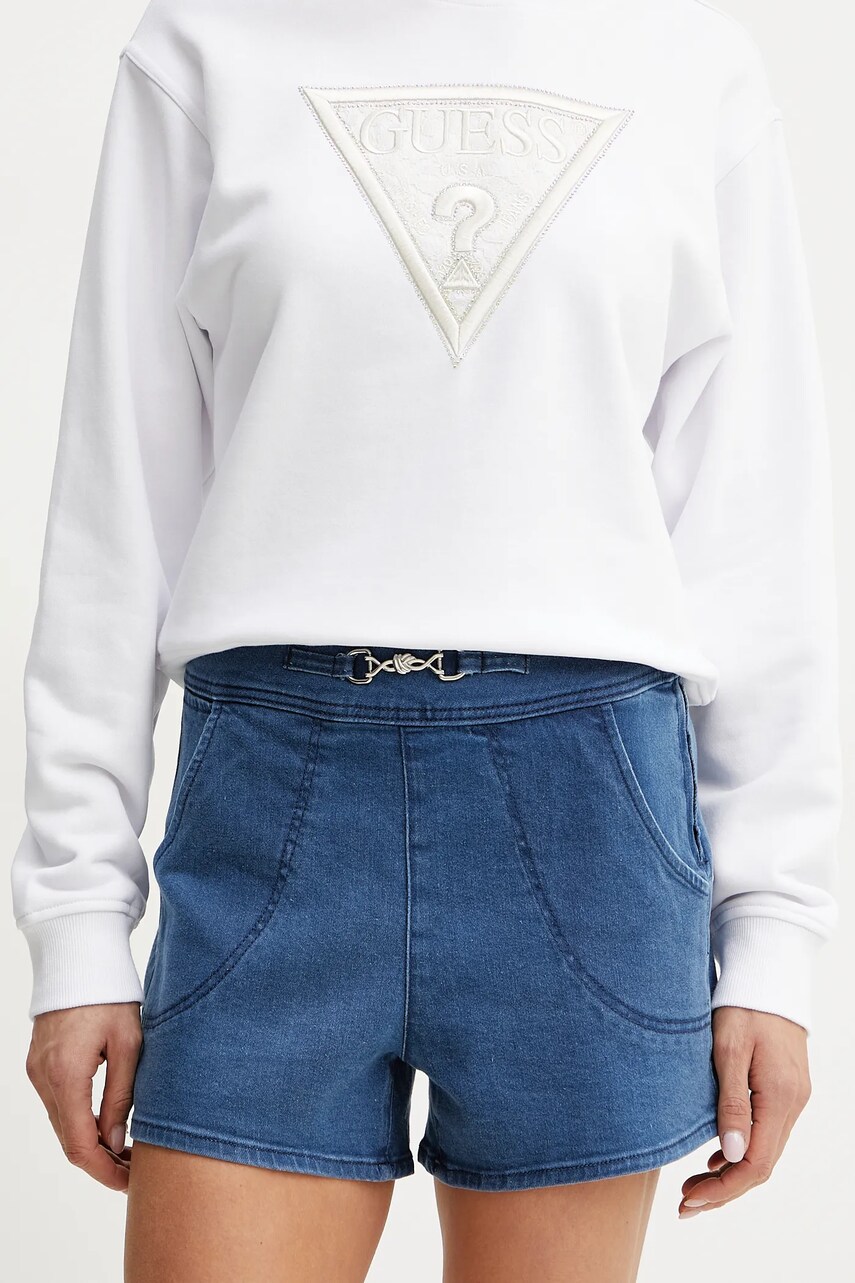 Levně Šortky s příměsí hedvábí Guess JEWEL modrá barva, high waist, W5GD1F D5LK0