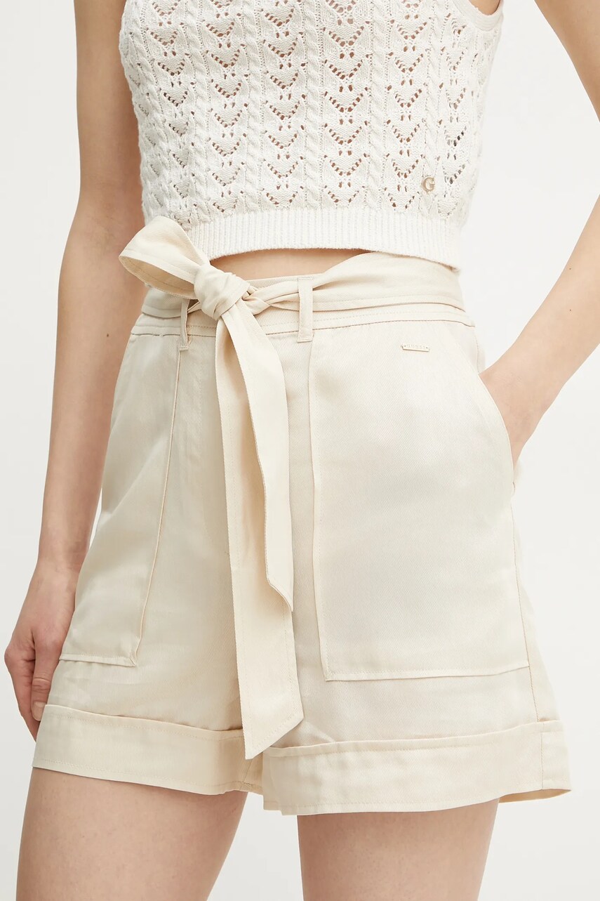 Levně Kraťasy Guess NINA dámské, béžová barva, hladké, high waist, W5GD1R WG4C2