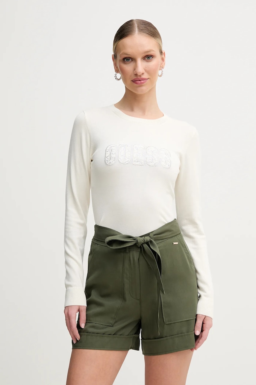 Шорты Guess NINA женские цвет зелёный однотонные высокая посадка W5GD1R WG4C2 Шорты Guess NINA женские цвет зелёный однотонные высокая посадка W5GD1R WG4C2