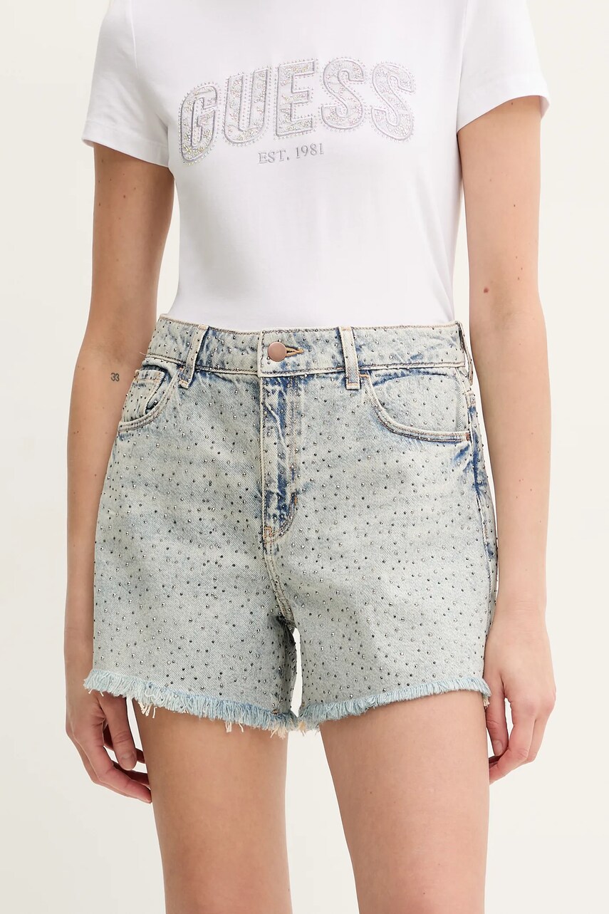 Levně Džínové šortky Guess dámské, modrá barva, s aplikací, high waist, W5GD74 D5LQ2