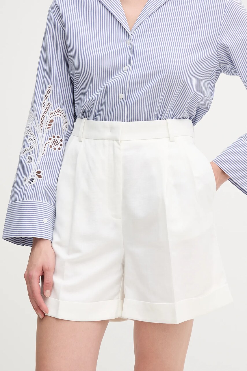 Levně Šortky s příměsí lnu Tommy Hilfiger dámské, béžová barva, high waist, WW0WW47213