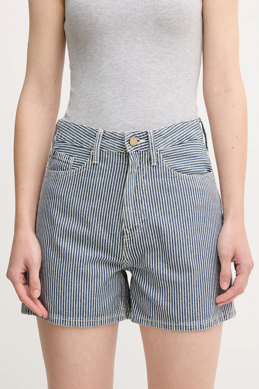 Levně Bavlněné šortky Tommy Hilfiger dámské, tmavomodrá barva, vzorované, high waist, WW0WW45925