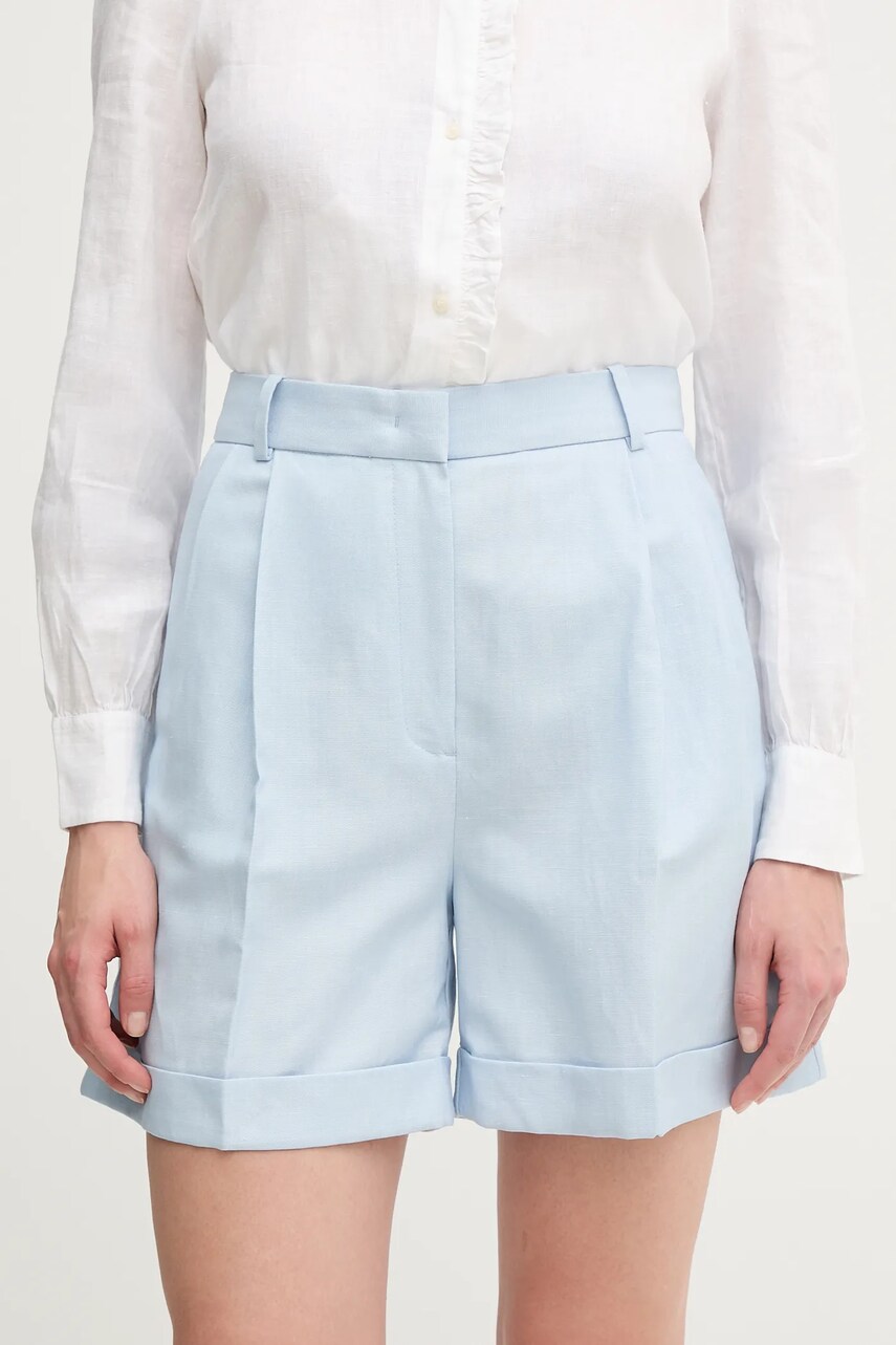 Levně Šortky s příměsí lnu Tommy Hilfiger dámské, modrá barva, high waist, WW0WW44767