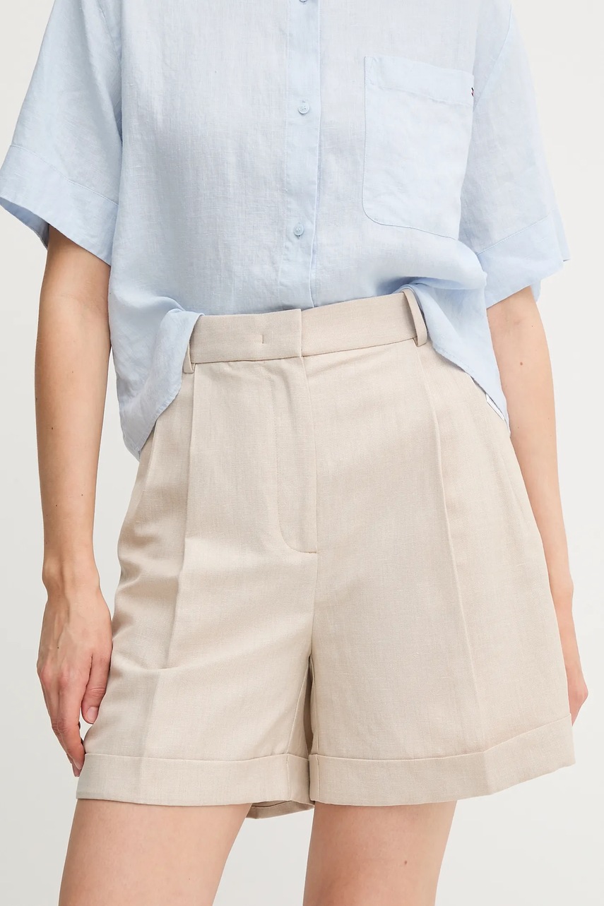 Levně Šortky s příměsí lnu Tommy Hilfiger dámské, béžová barva, high waist, WW0WW44767