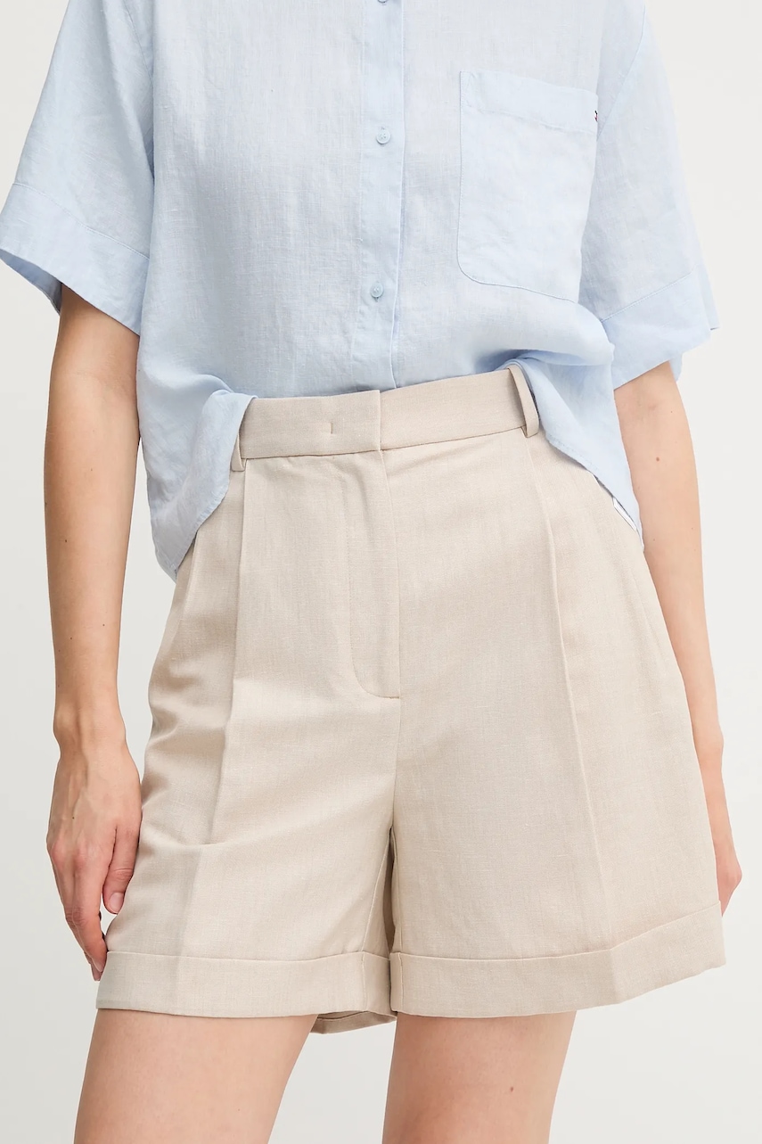 Šortky s příměsí lnu Tommy Hilfiger dámské, béžová barva, high waist, WW0WW44767