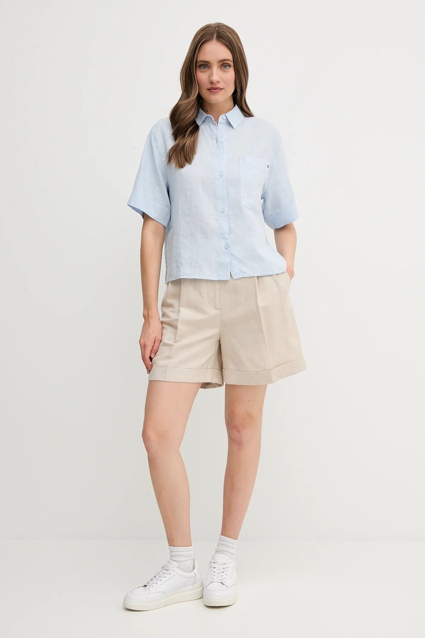 Шорты с примесью льна Tommy Hilfiger цвет бежевый однотонная высокая посадка WW0WW44767