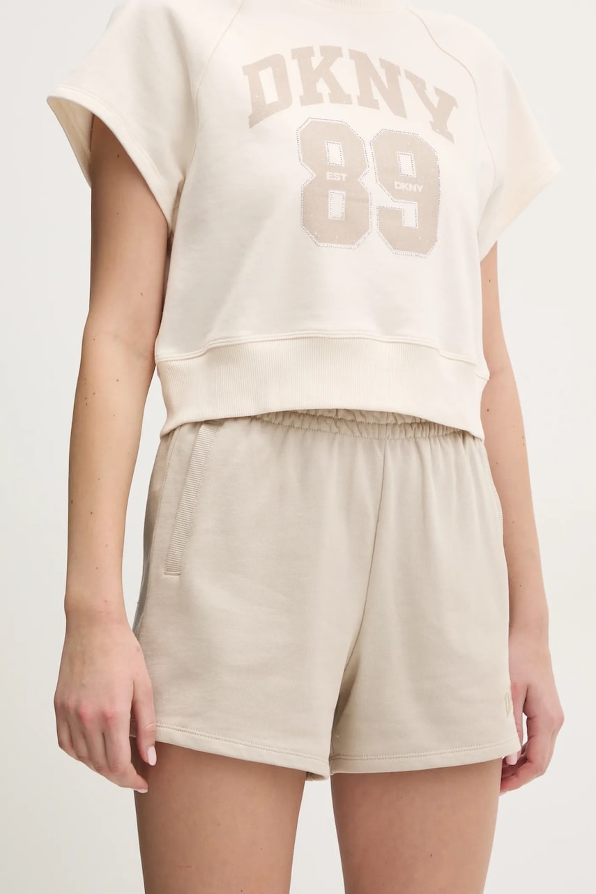 Dkny pantaloni scurți din bumbac femei, culoarea bej, uni, high waist, DP5S5252 Dkny pantaloni scurți din bumbac femei, culoarea bej, uni, high waist, DP5S5252