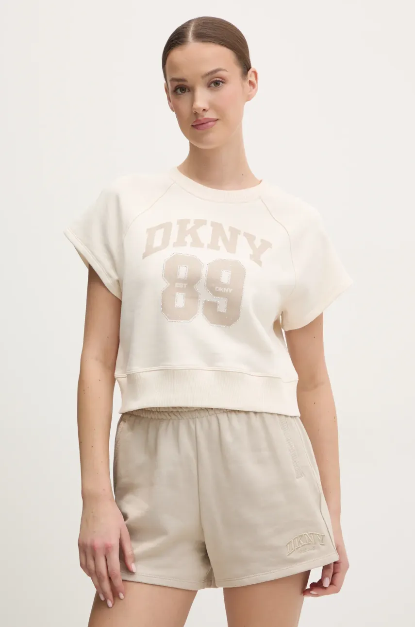 Бавовняні шорти Dkny жіночі колір бежевий однотонні висока посадка DP5S5252