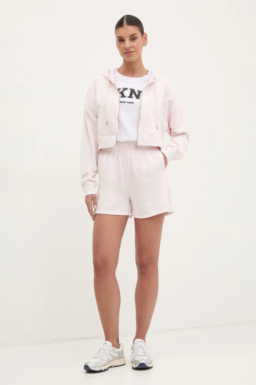 Хлопковые шорты Dkny женские цвет розовый однотонные высокая посадка DP5S5243 Хлопковые шорты Dkny женские цвет розовый однотонные высокая посадка DP5S5243