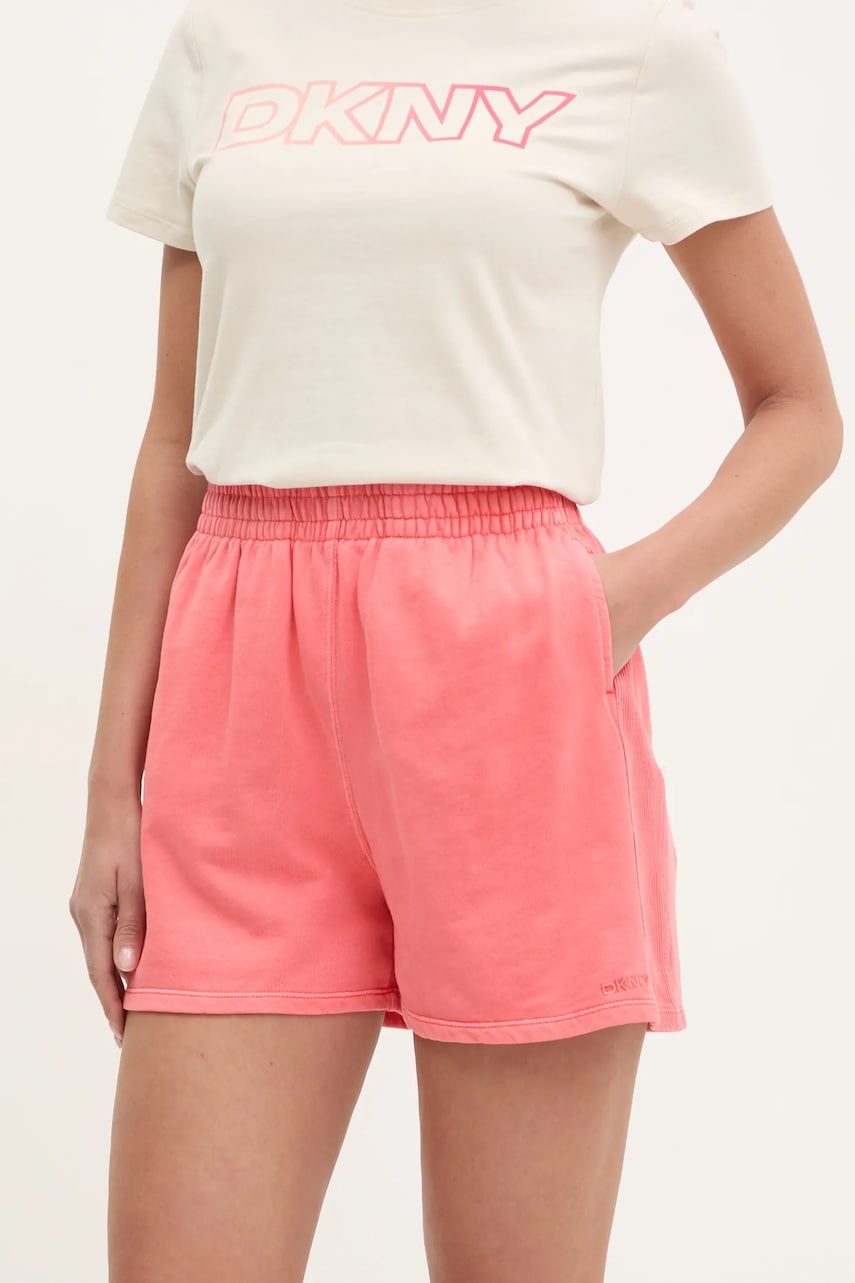 Dkny pantaloni scurți din bumbac femei, culoarea roz, uni, high waist, DP5S5243 Dkny pantaloni scurți din bumbac femei, culoarea roz, uni, high waist, DP5S5243