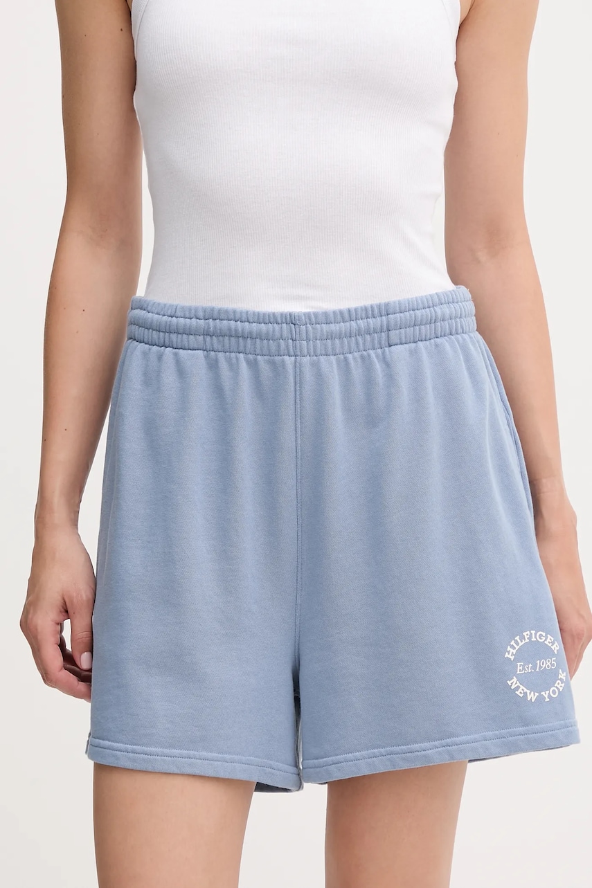 Levně Kraťasy Tommy Hilfiger dámské, modrá barva, s potiskem, high waist, UW0UW05794
