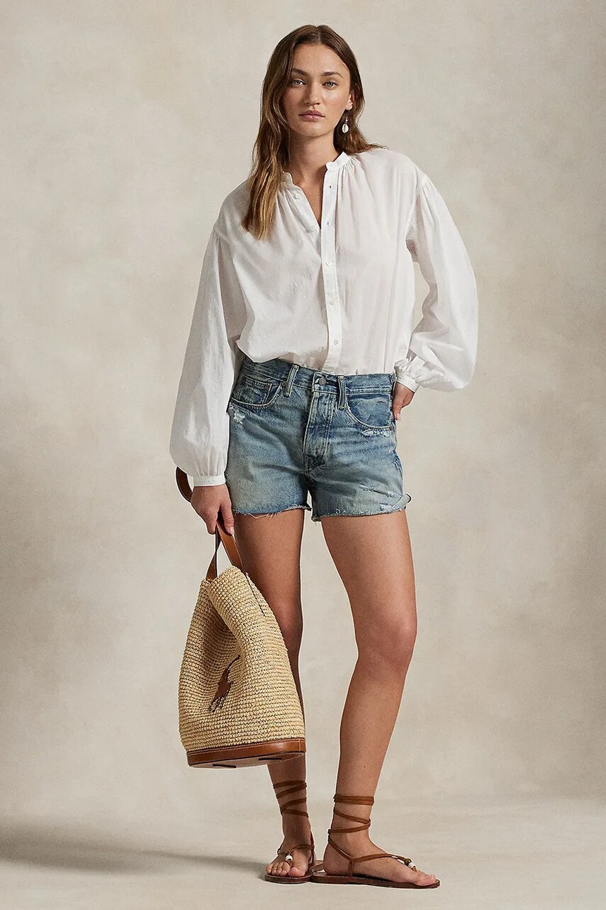 Levně Bavlněné riflové kraťasy Polo Ralph Lauren dámské, modrá barva, hladké, medium waist, 211963529