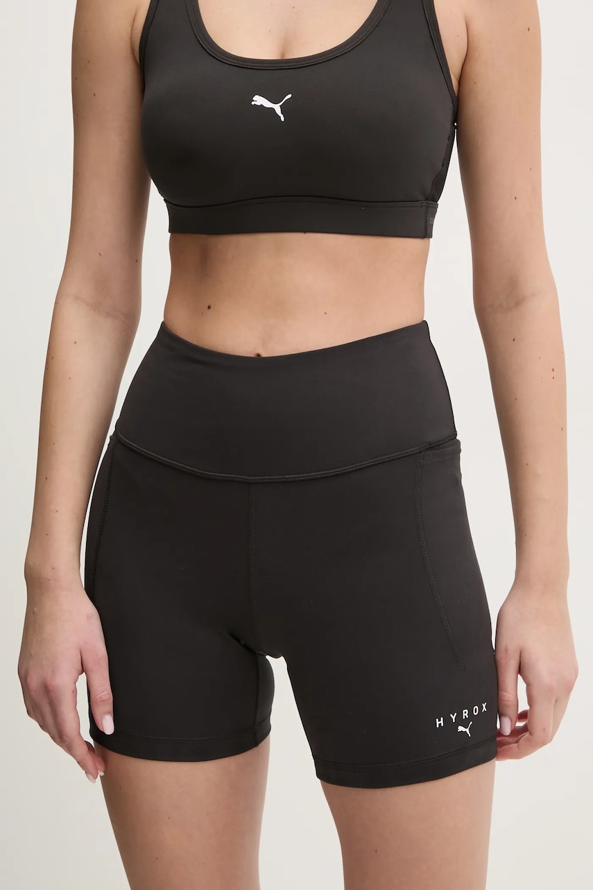 Puma pantaloni scurți de antrenament PUMA x HYROX culoarea negru, cu imprimeu, high waist, 526905 Puma pantaloni scurți de antrenament PUMA x HYROX culoarea negru, cu imprimeu, high waist, 526905