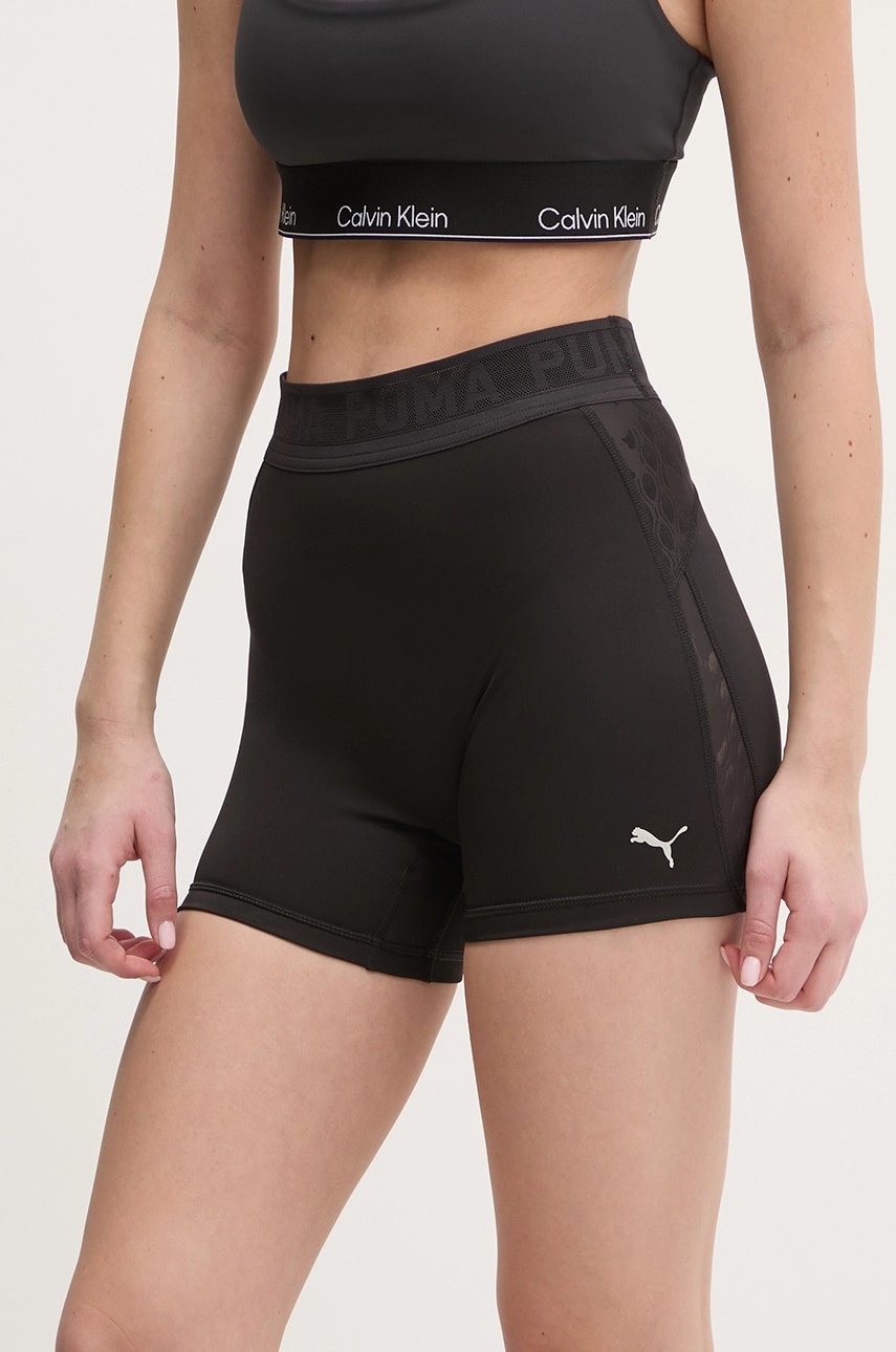 Puma pantaloni scurți de antrenament Lace culoarea negru, cu imprimeu, high waist, 526784 Puma pantaloni scurți de antrenament Lace culoarea negru, cu imprimeu, high waist, 526784