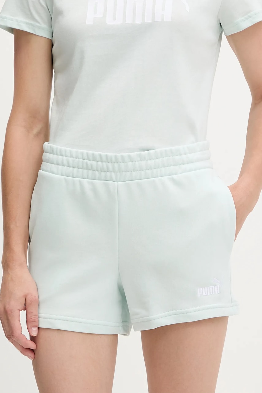Puma pantaloni scurți culoarea turcoaz, cu imprimeu, high waist, 682439