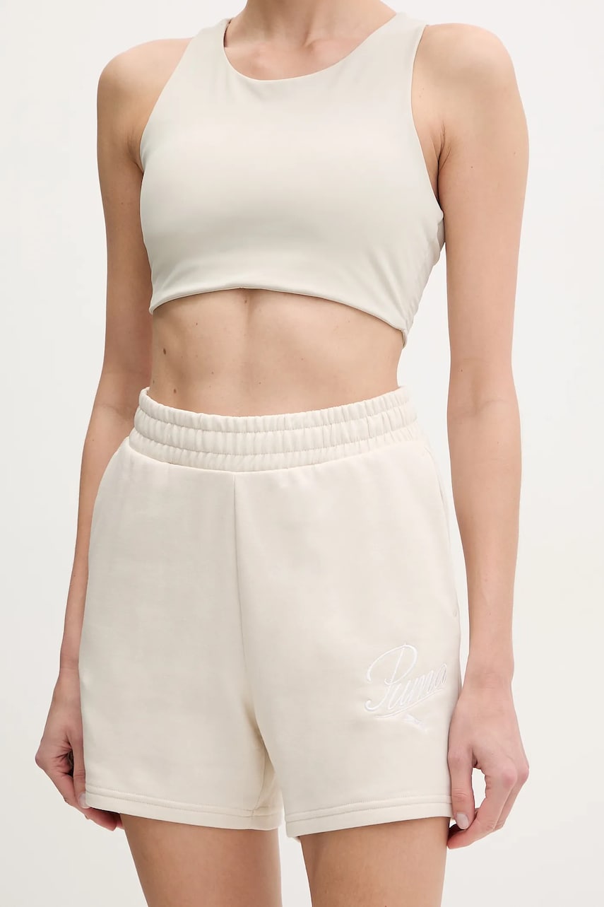 Puma pantaloni scurti femei, culoarea bej, cu imprimeu, high waist, 684984 Puma pantaloni scurti femei, culoarea bej, cu imprimeu, high waist, 684984