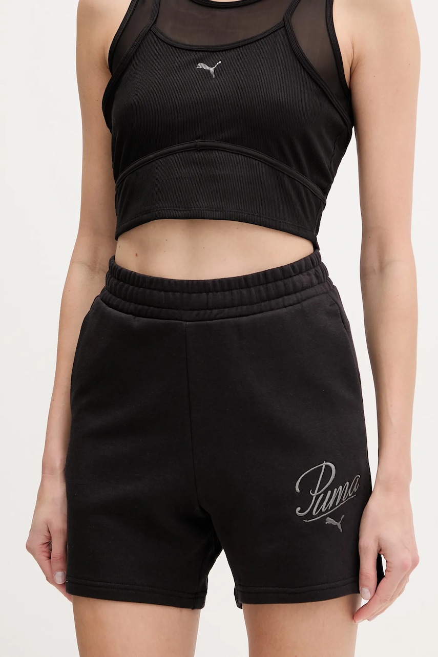 Puma pantaloni scurti femei, culoarea negru, cu imprimeu, high waist, 684984
