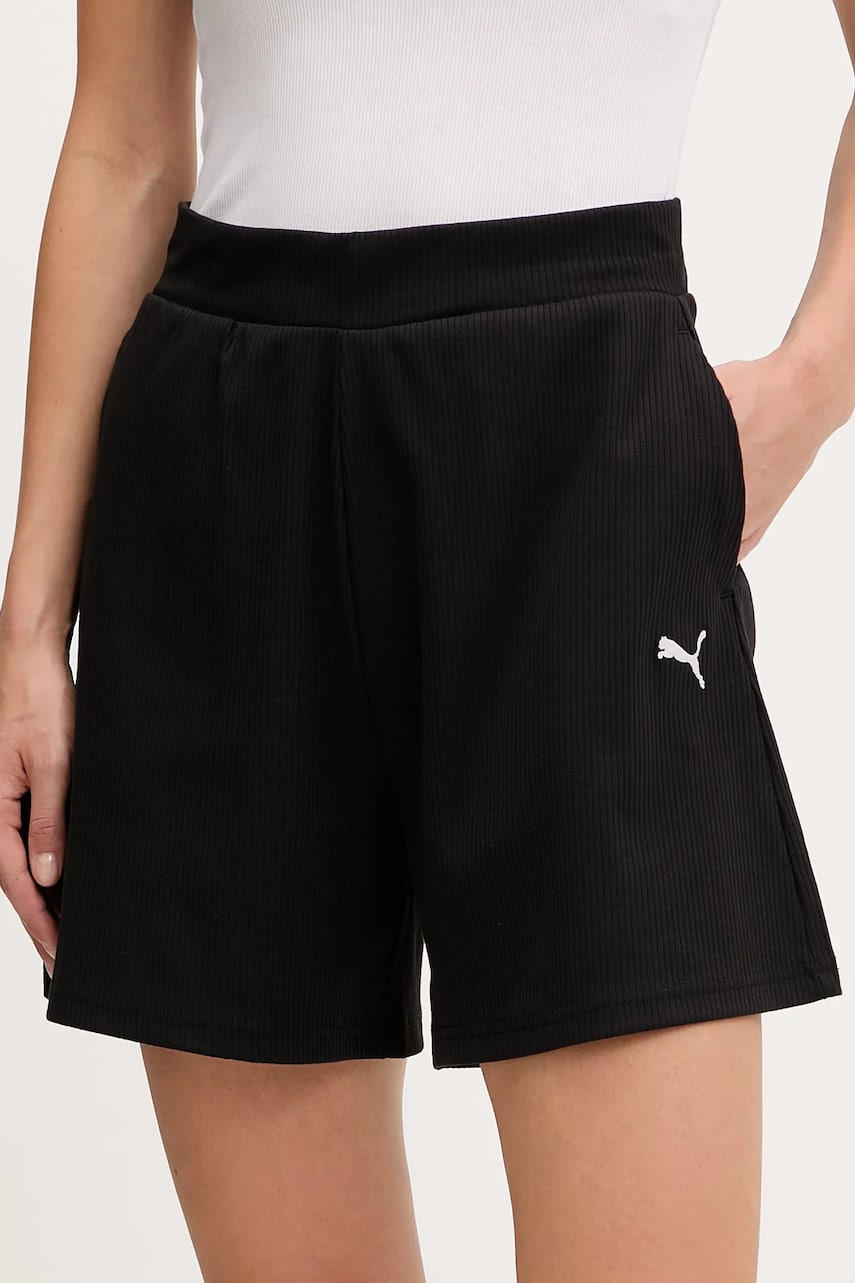 Puma pantaloni scurți culoarea negru, neted, high waist, 685026