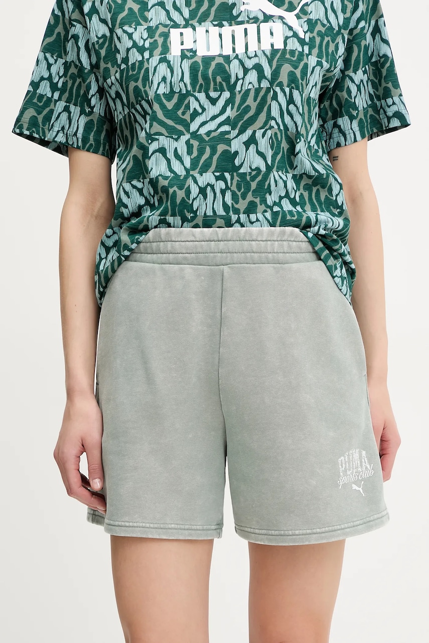 Puma pantaloni scurți culoarea verde, cu imprimeu, high waist, 685035