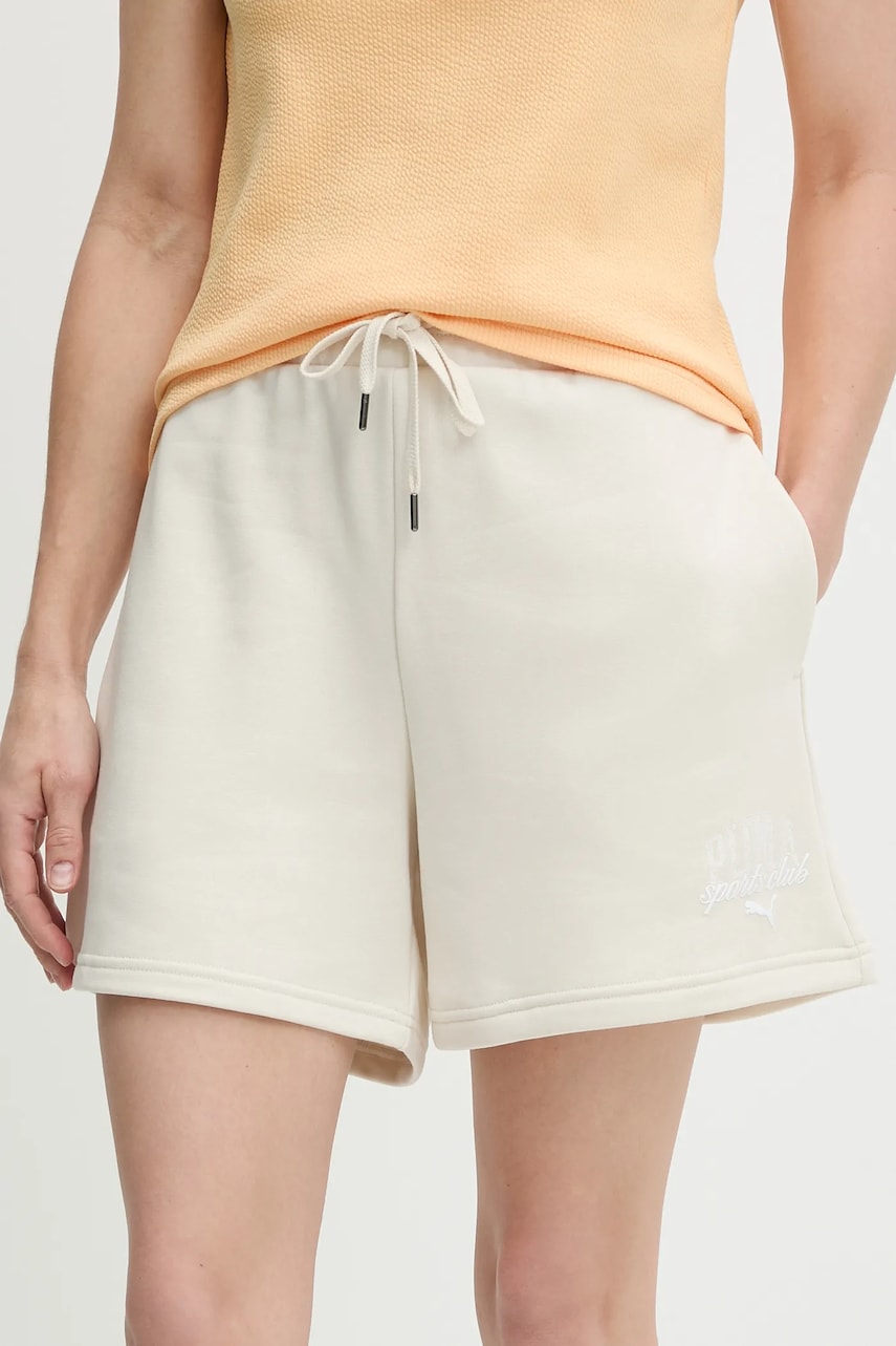 Puma pantaloni scurți culoarea bej, cu imprimeu, high waist, 685038