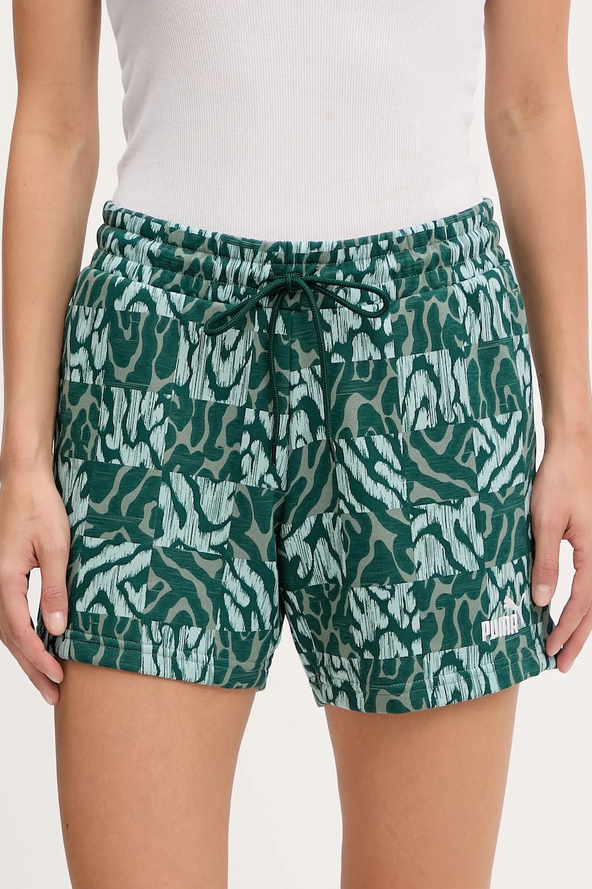 Puma pantaloni scurți culoarea verde, cu imprimeu, medium waist, 685073