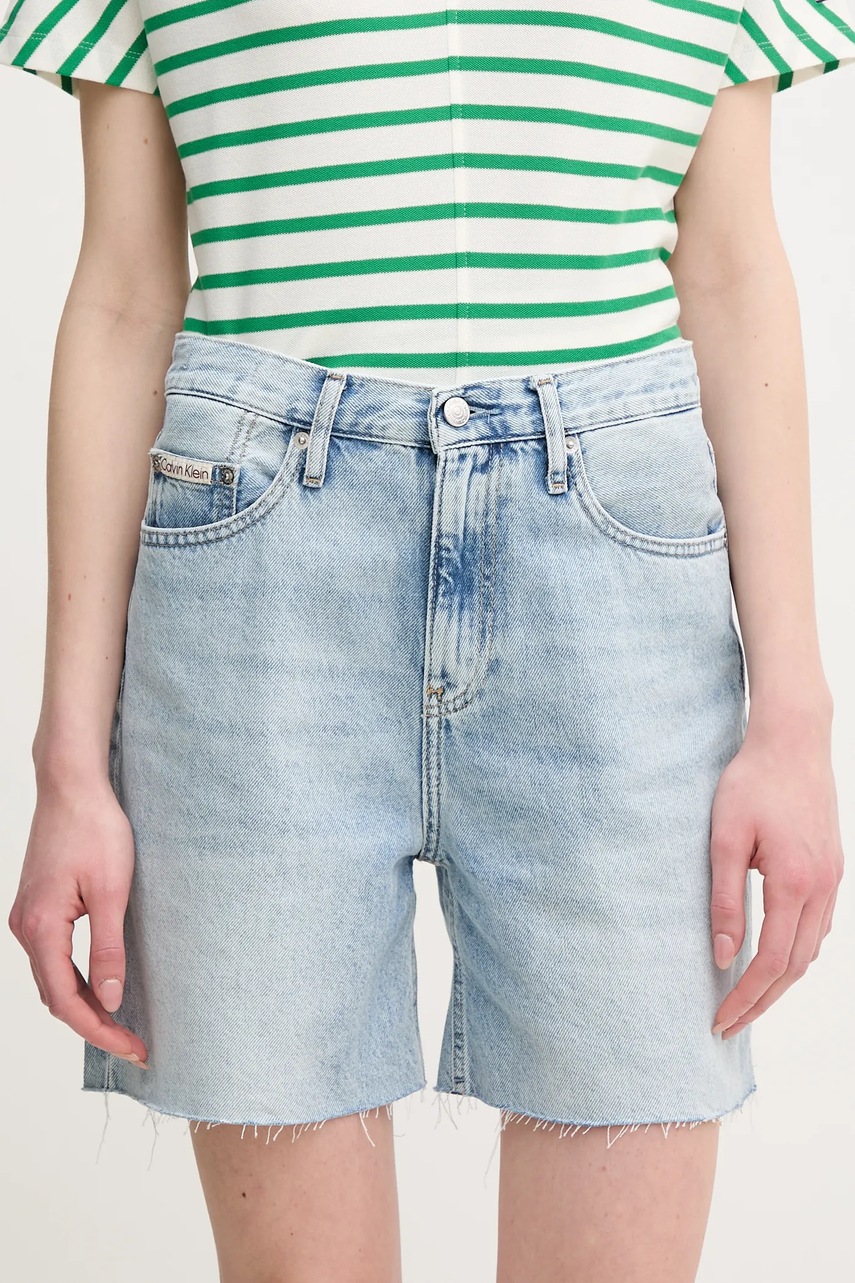 Levně Džínové šortky Calvin Klein Jeans dámské, modrá barva, hladké, high waist, J20J225155