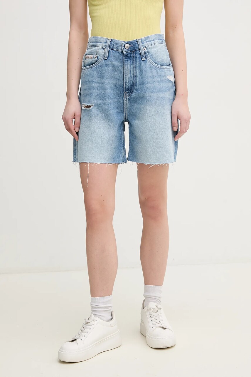 Levně Kraťasy Calvin Klein Jeans dámské, modrá barva, hladké, high waist, J20J225513