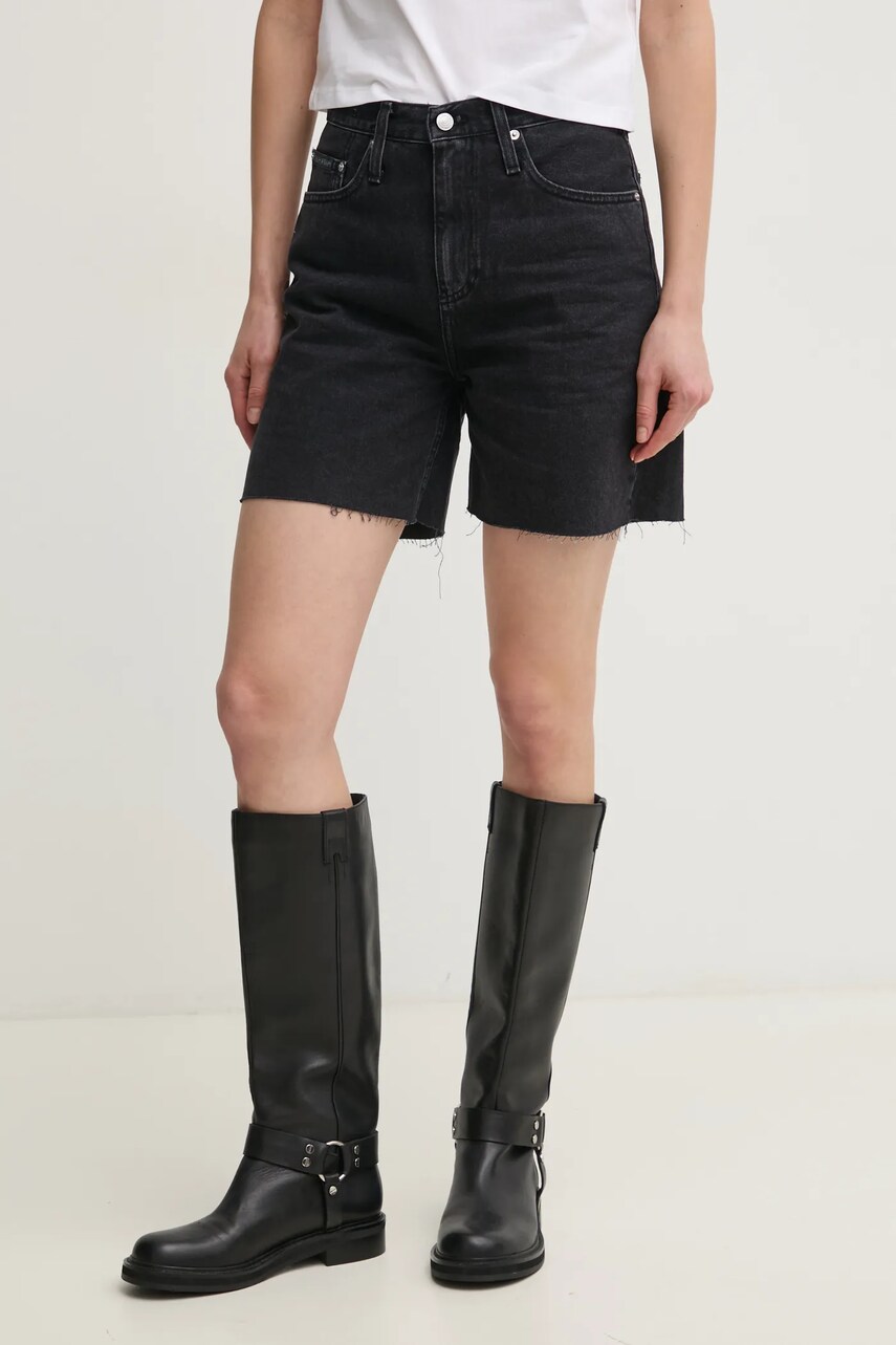 Levně Džínové šortky Calvin Klein Jeans dámské, černá barva, hladké, high waist, J20J225190