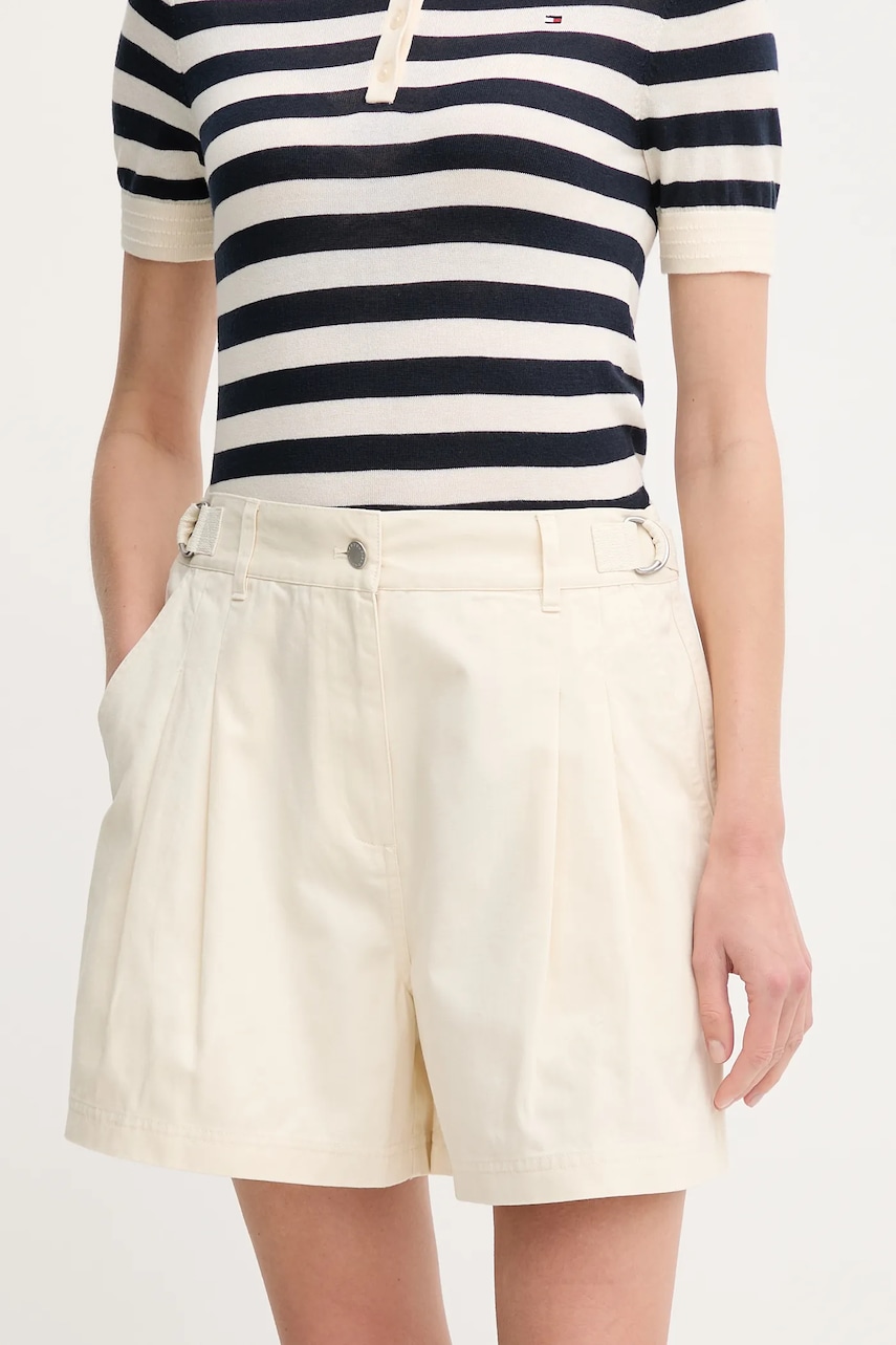 Barbour pantaloni scurți din bumbac Cecile femei, culoarea bej, uni, high waist, LST0019CR31 Barbour pantaloni scurți din bumbac Cecile femei, culoarea bej, uni, high waist, LST0019CR31