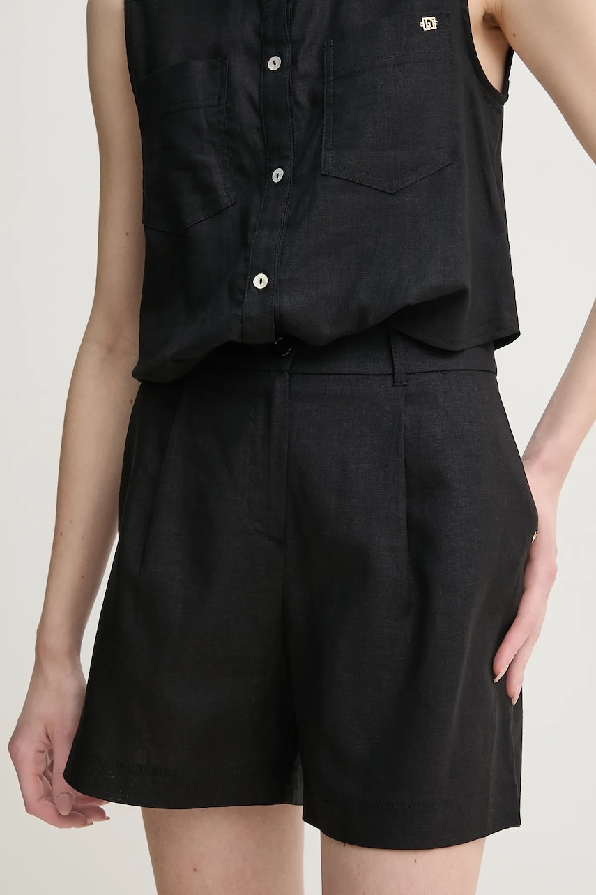 Gaudi pantaloni scurti din in femei, culoarea negru, neted, high waist, 511BD25038 Gaudi pantaloni scurti din in femei, culoarea negru, neted, high waist, 511BD25038