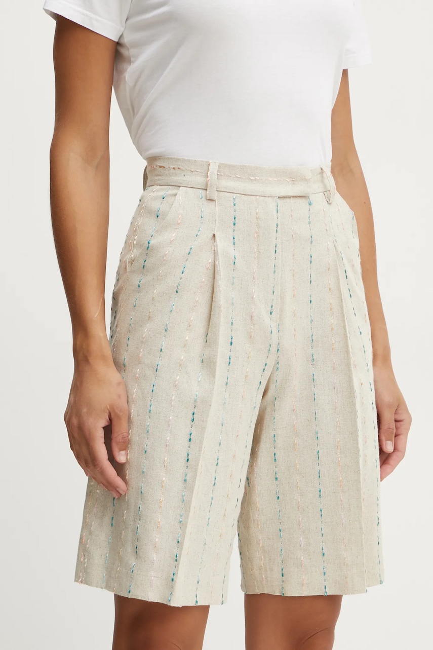 Fracomina pantaloni scurți din amestec de in culoarea bej, cu imprimeu, high waist, FS25SV6003W788N8 Fracomina pantaloni scurți din amestec de in culoarea bej, cu imprimeu, high waist, FS25SV6003W788N8