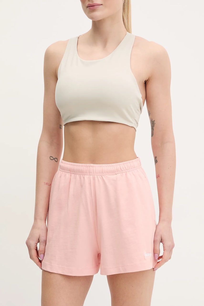 Levně Bavlněné šortky Guess IRIS dámské, růžová barva, s aplikací, high waist, V5GD04 KCRZ1