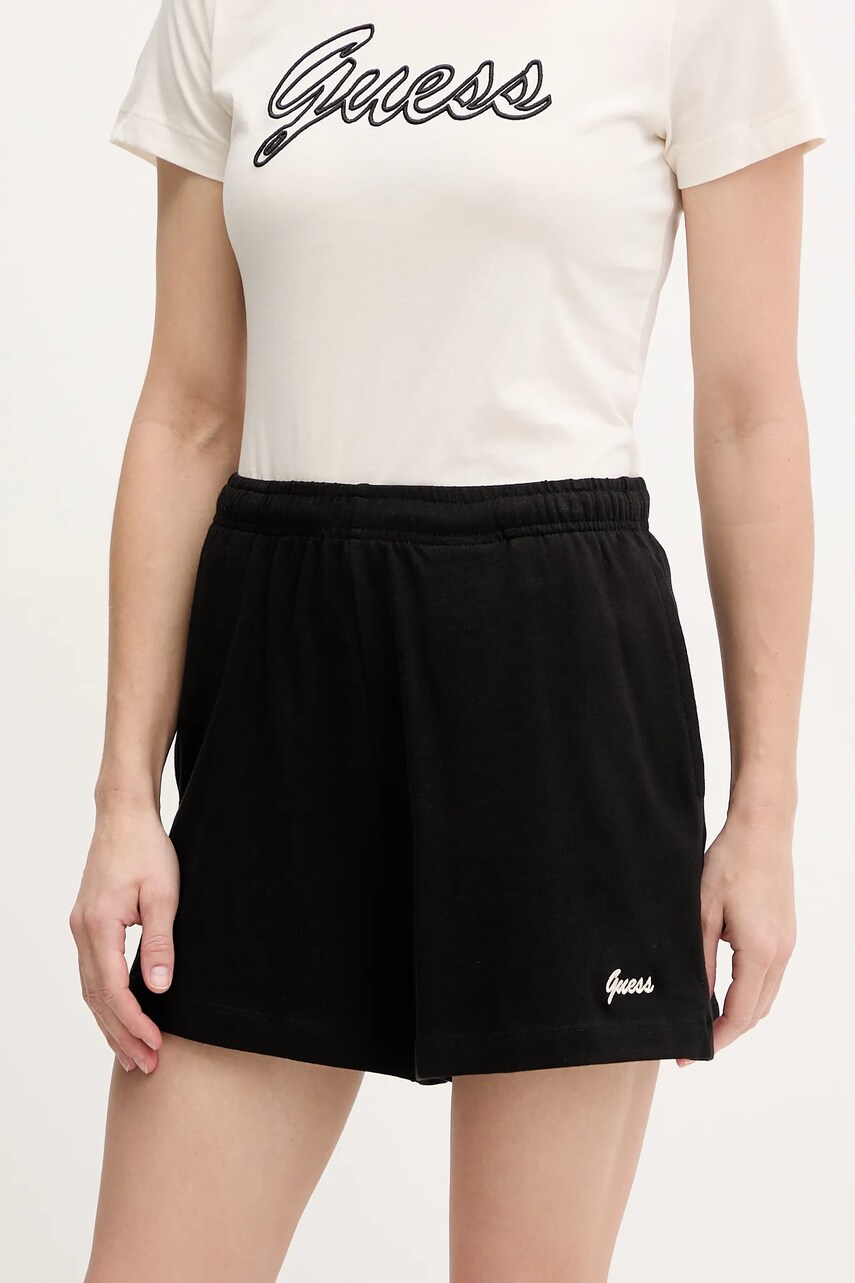 Levně Bavlněné šortky Guess IRIS dámské, černá barva, s aplikací, high waist, V5GD04 KCRZ1