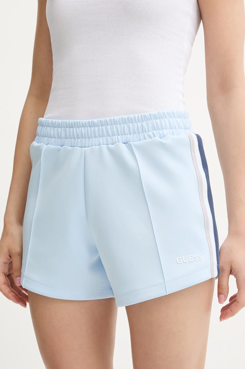 Levně Kraťasy Guess YARROW dámské, modrá barva, s aplikací, high waist, V5GD14 KCRU2