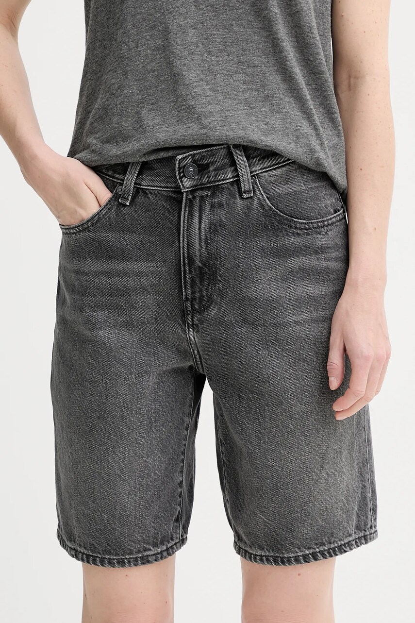 G-Star pantaloni scurți jeans culoarea gri, uni, high waist, D26268-D933
