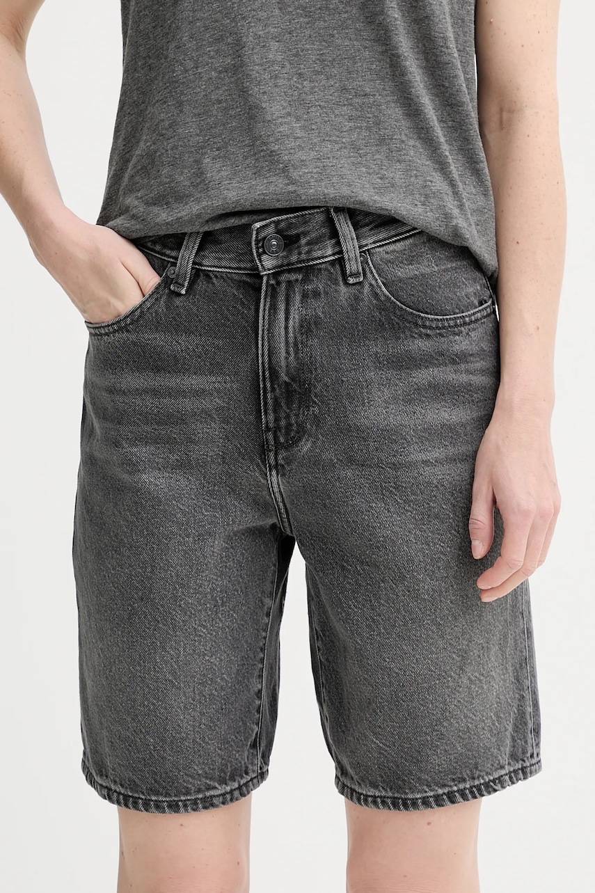 G-Star pantaloni scurți jeans culoarea gri, uni, high waist, D26268-D933