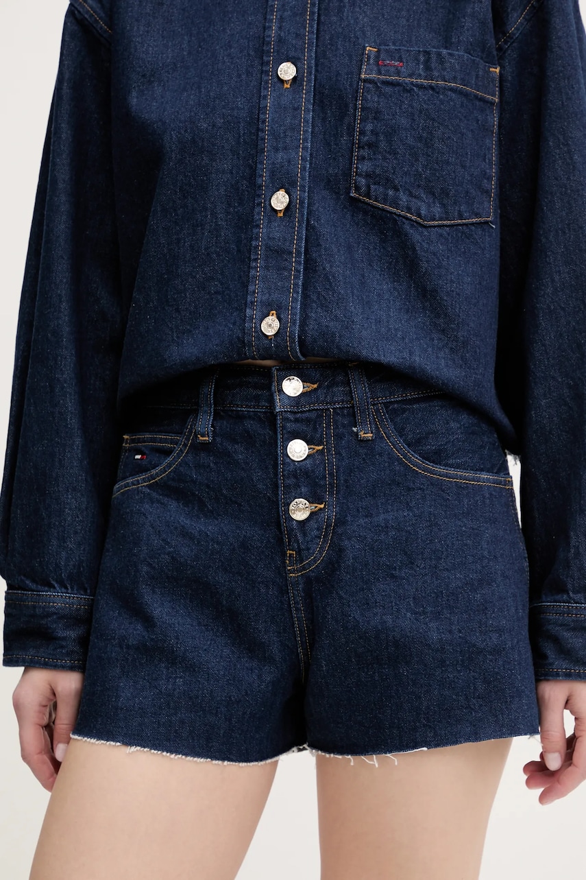 Tommy Jeans pantaloni scurti jeans culoarea bleumarin, uni, high waist, DW0DW20094