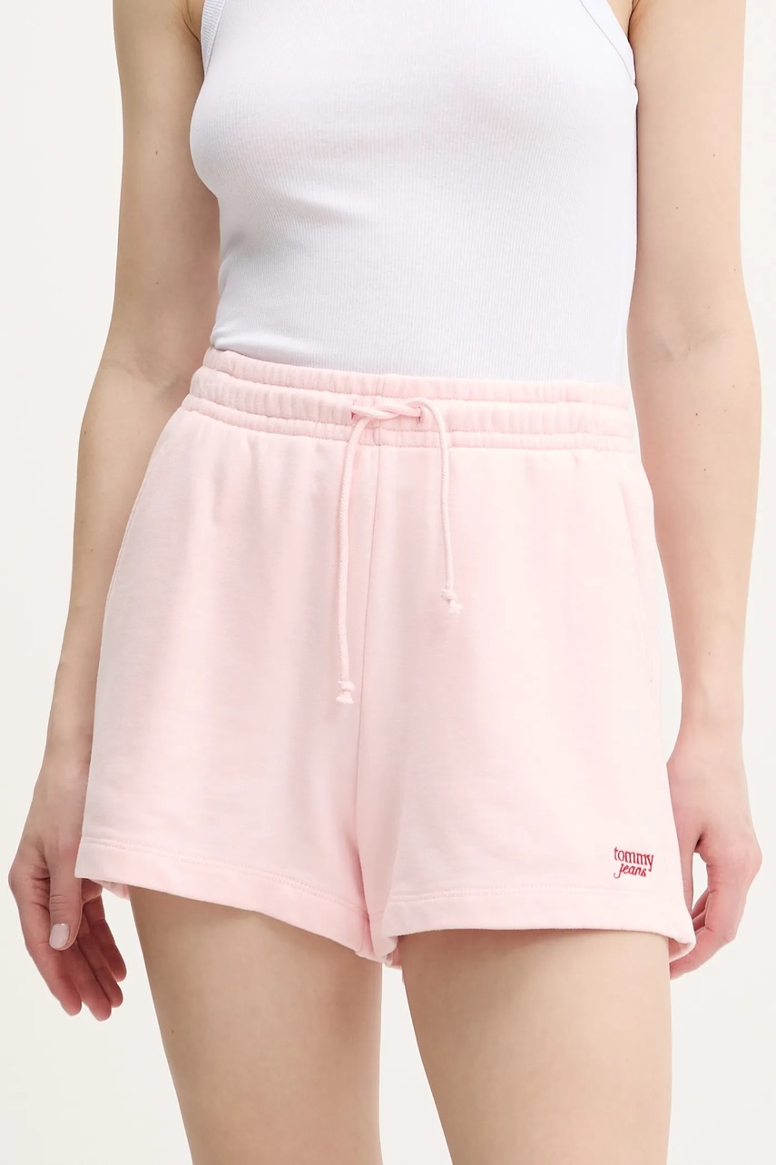 Tommy Jeans pantaloni scurți din bumbac culoarea roz, uni, high waist, DW0DW20353