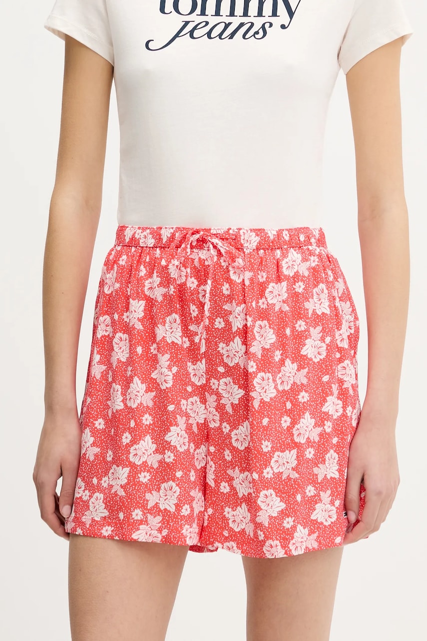 Tommy Jeans pantaloni scurți culoarea portocaliu, cu imprimeu, high waist, DW0DW20359